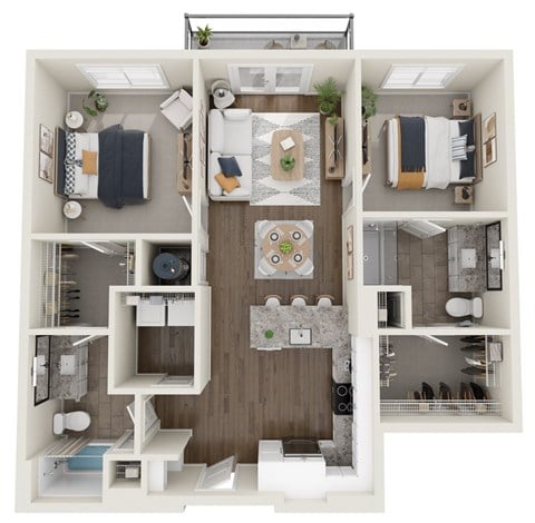 Floor plan for 2 beds, 2 baths, 1032 sqft